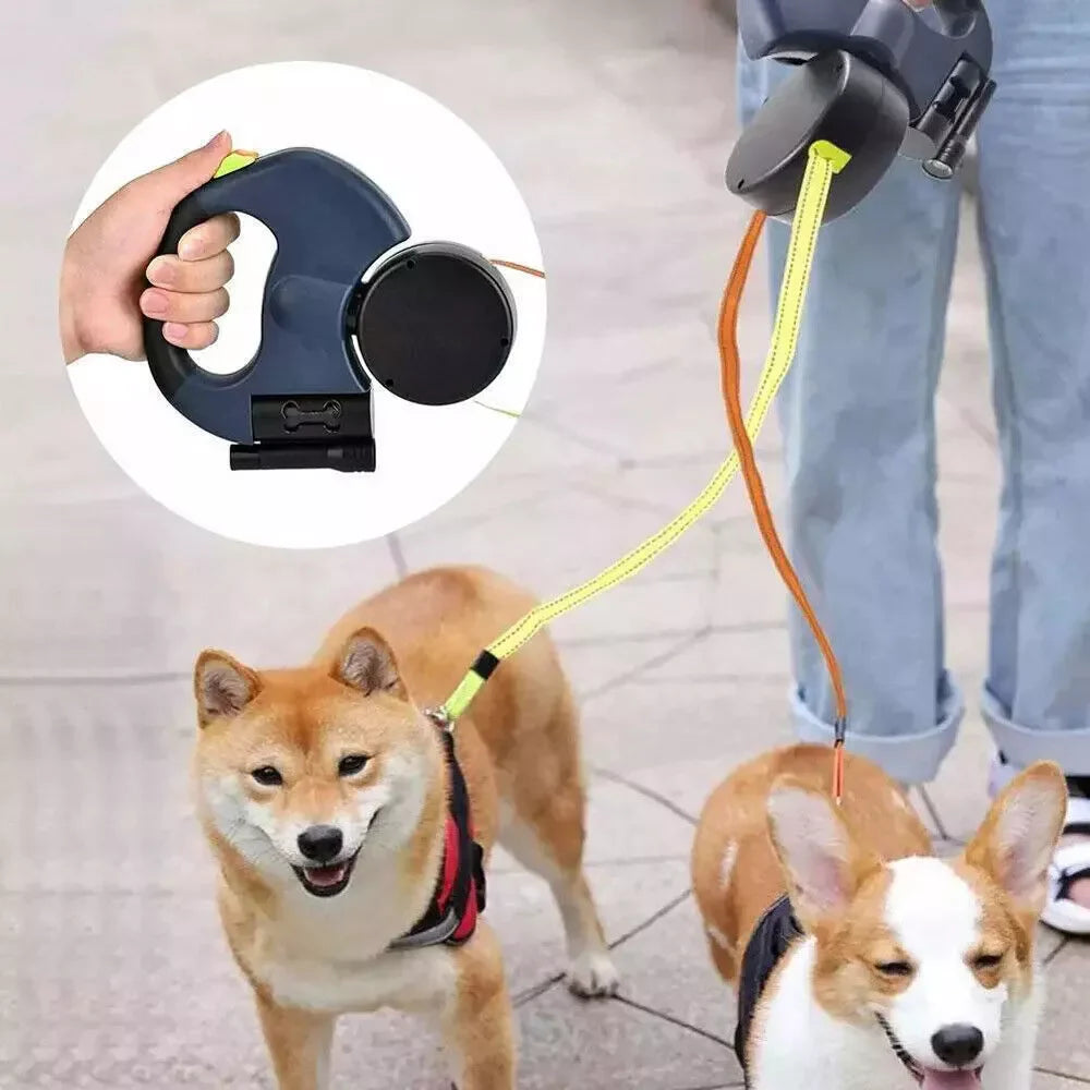 Dual Pet Leash Retractable, Reflective, 360 Swivel 