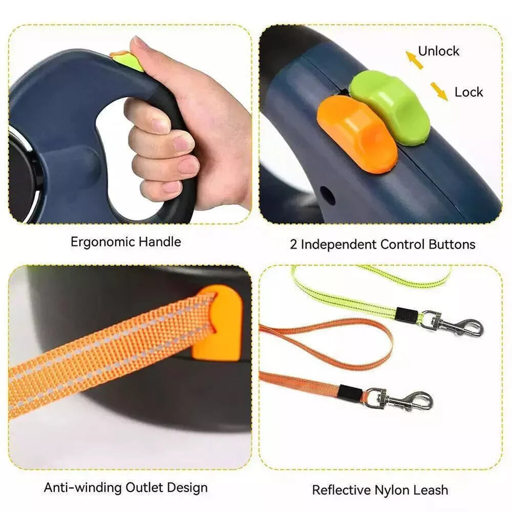 Dual Pet Leash Retractable, Reflective, 360 Swivel 