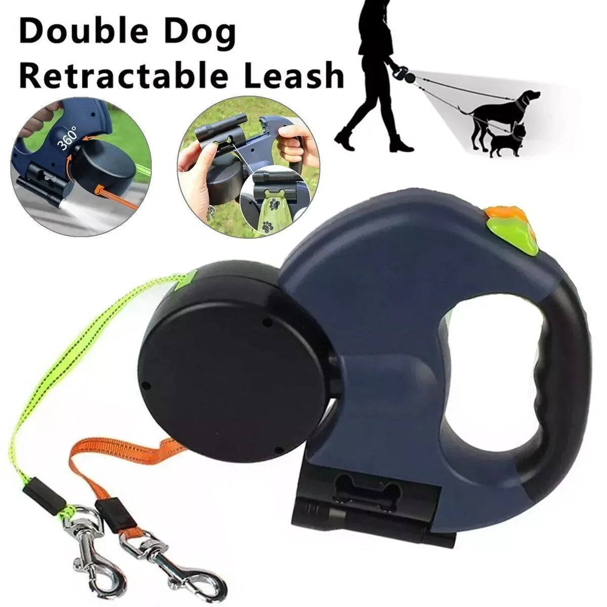 Dual Pet Leash Retractable, Reflective, 360 Swivel 