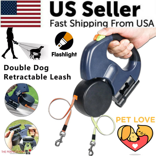 Dual Pet Leash Retractable, Reflective, 360 Swivel 