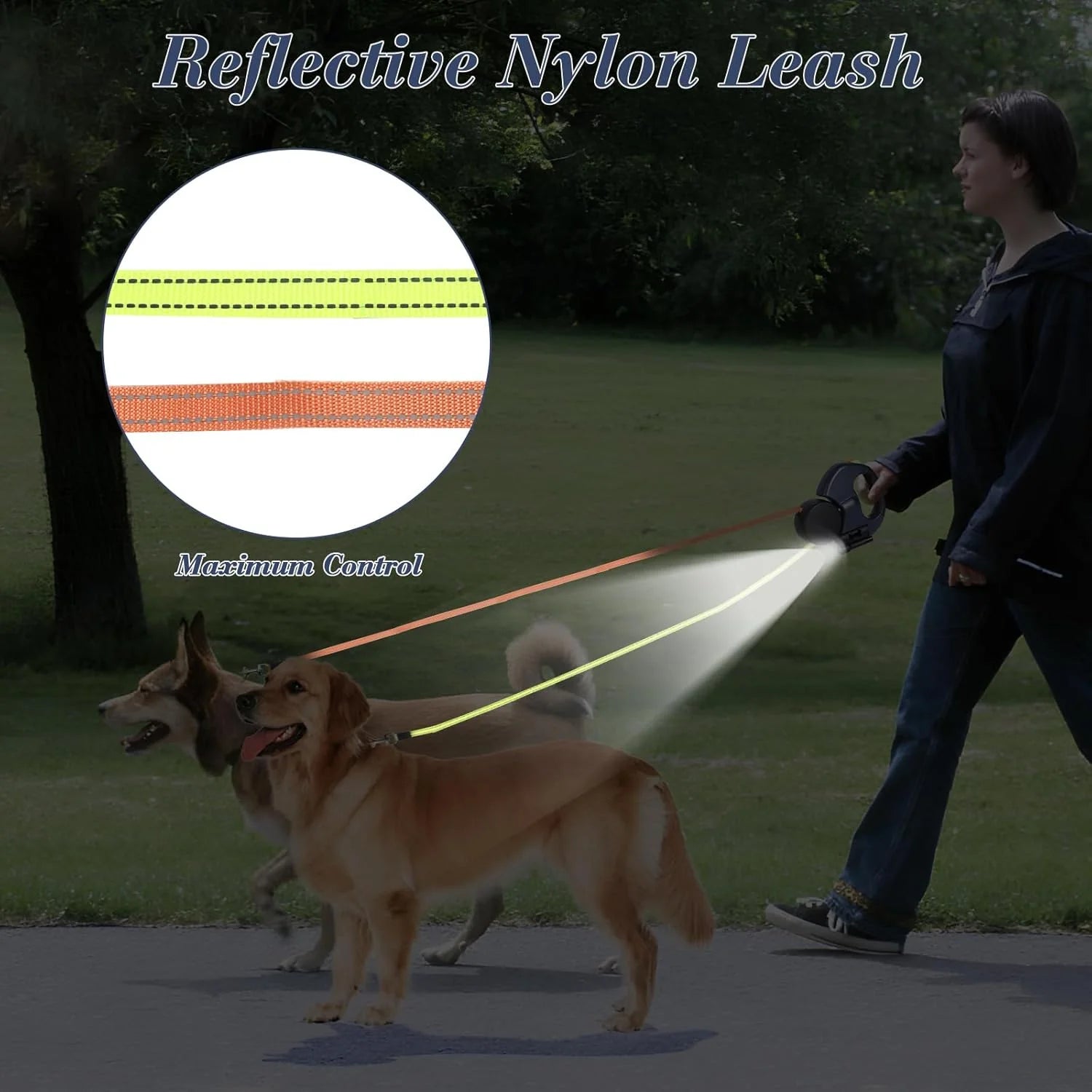 Dual Pet Leash Retractable, Reflective, 360 Swivel 